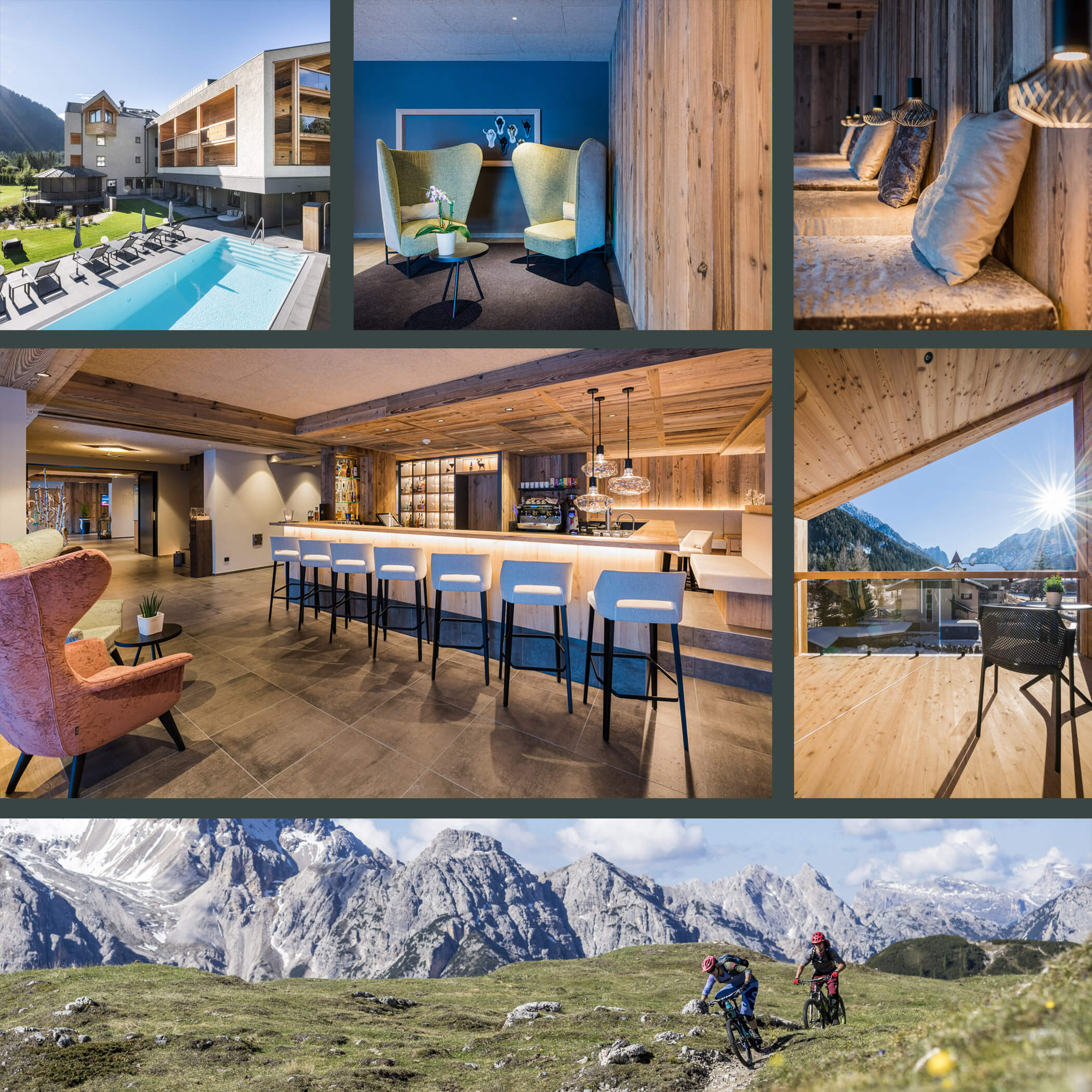 Various pictures of Hotel Laurin's in Dobbiaco, exterior view, interior view, balcony and two cyclists on the Dolomites - Laurin's