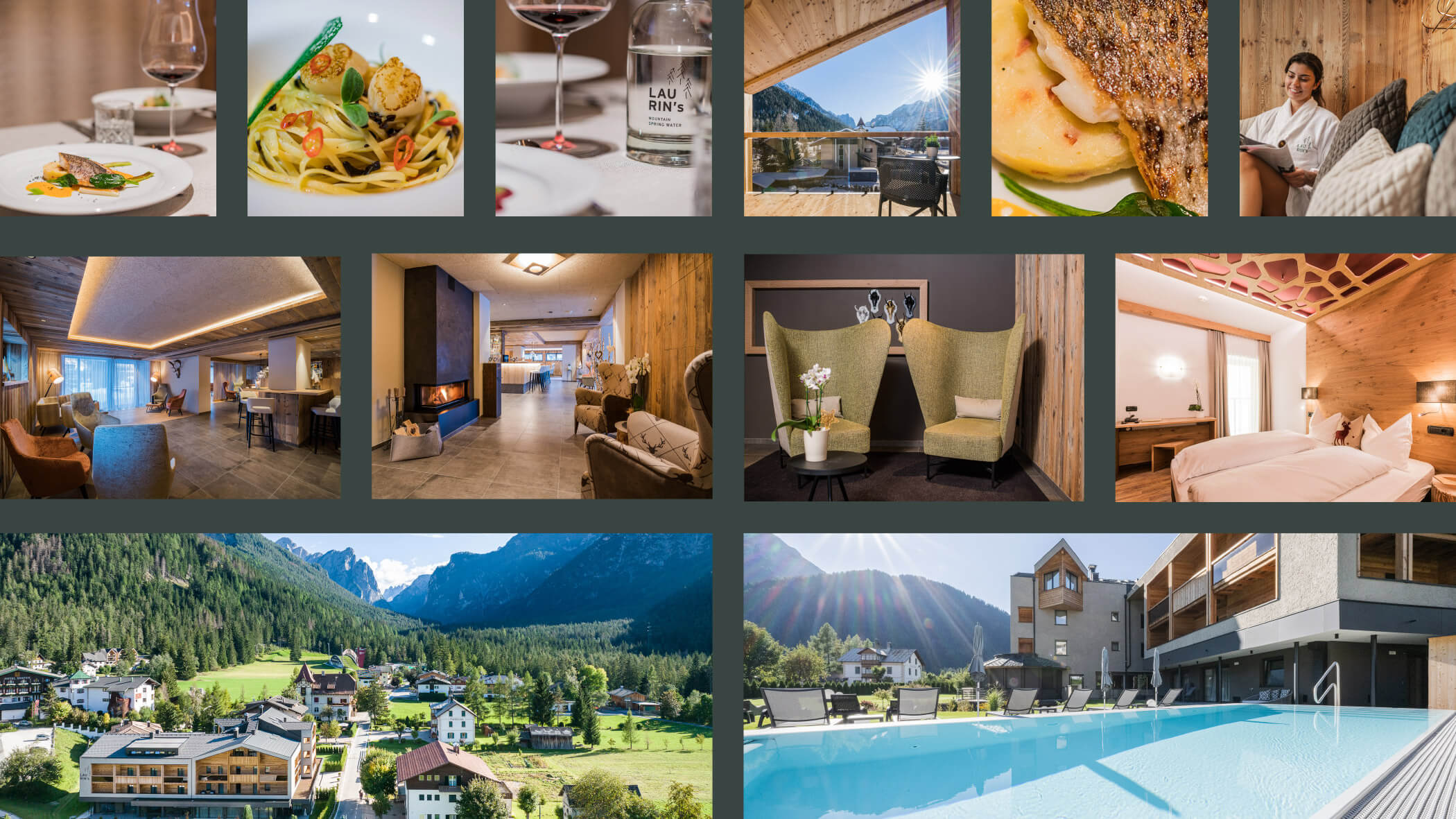 Verschiedene Impressionen vom Hotel Laurin's in Toblach, zwischen Innenansicht, Außenansicht, Kulinarik uvm. - Laurin's