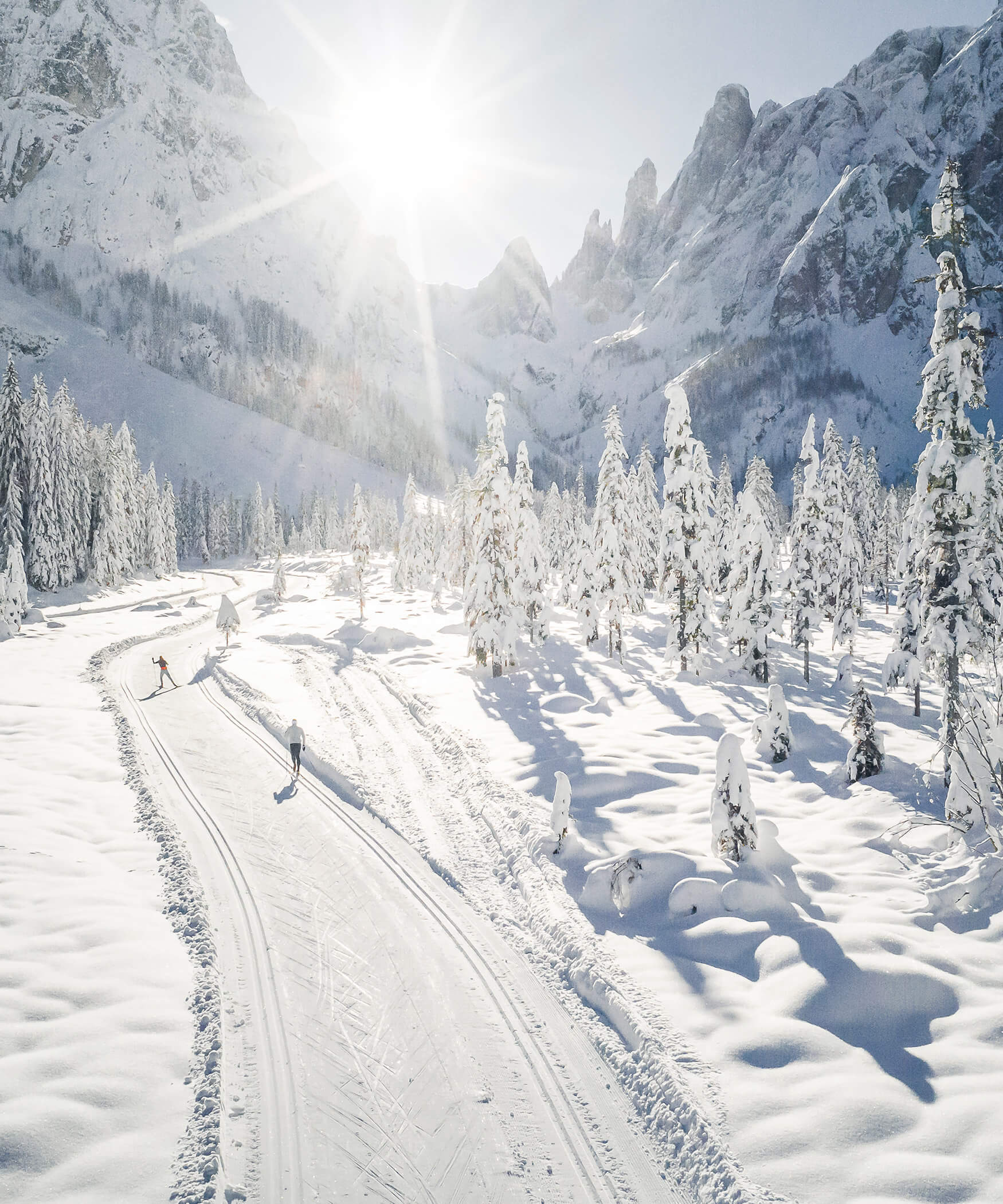 Durch die verschneite Landschaft verläuft die Langlaufloipe der Dolomiti NordicSki Arena, zwei Langläufer sind auf der Piste - Laurin's